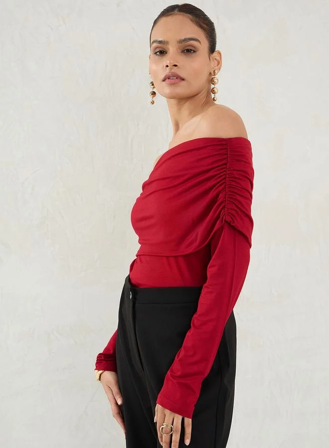 Femmella Deep Red Knit Bardot Neck Ruched Detail Top